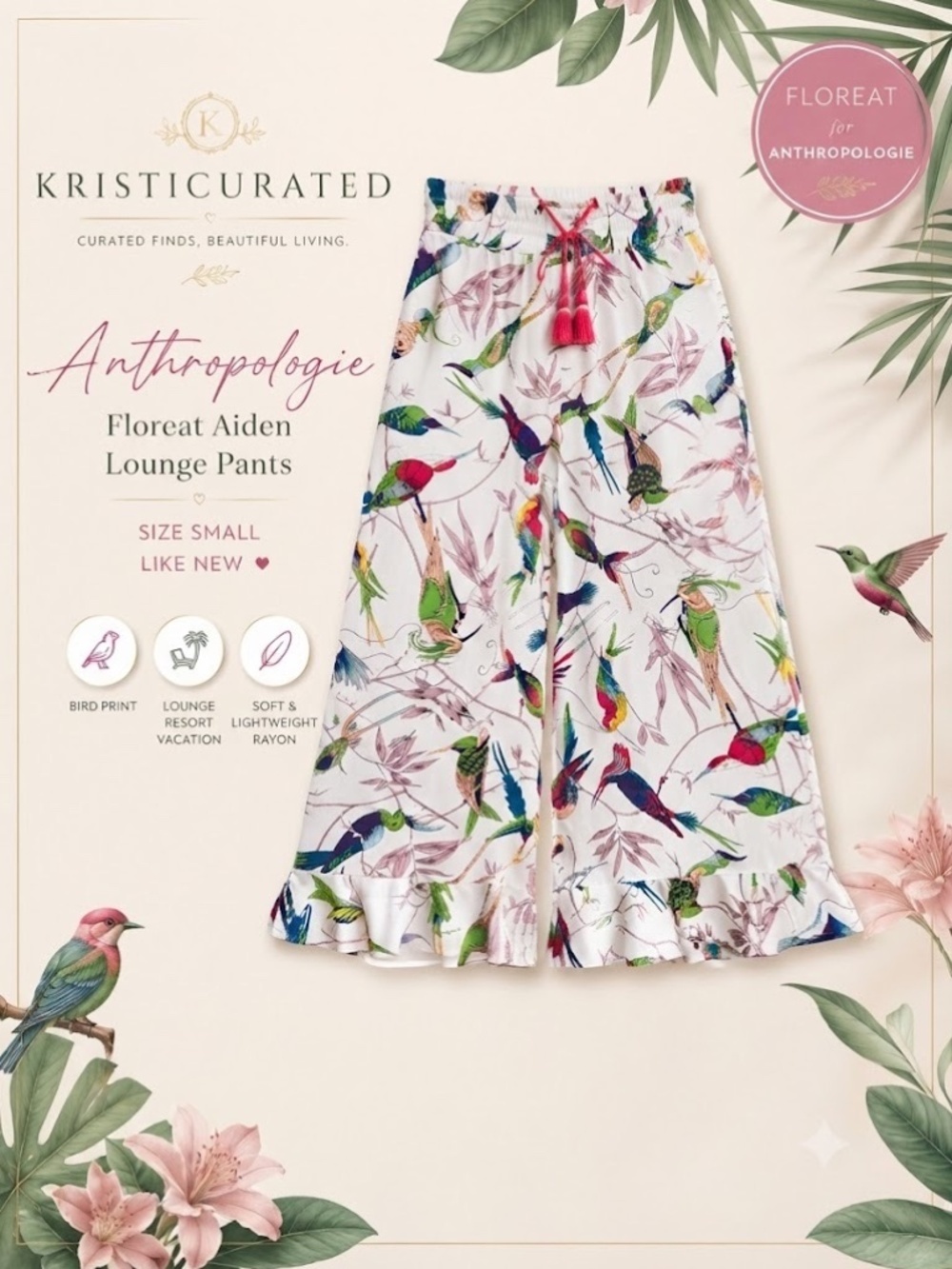 🦜 Anthropologie Floreat Aiden Bird Print Lounge Pants | Size Small | Like New